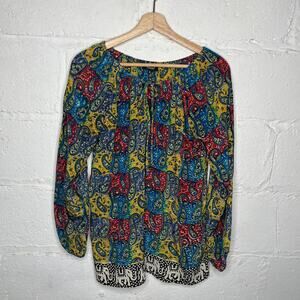 Tolani Women's Silk Tie Neck Paisley Elephant Print Boho Peasant Top Size Small